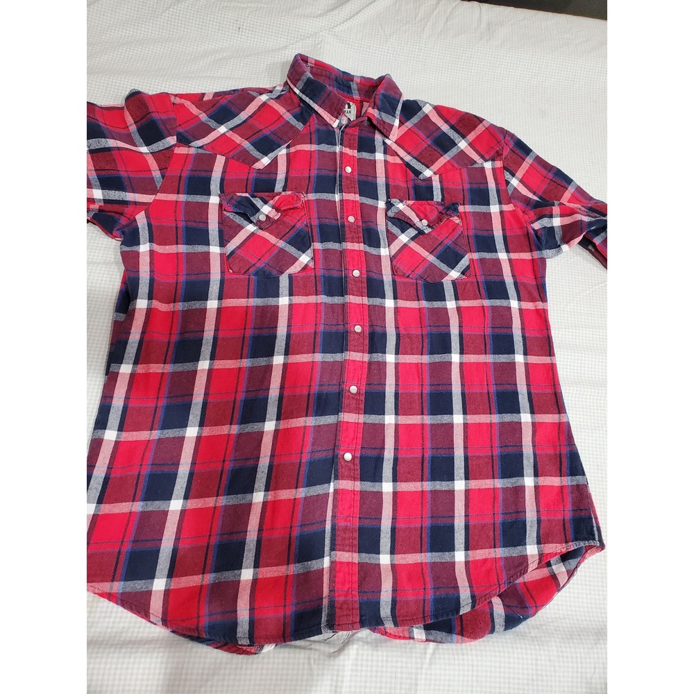 Ely Cattleman Mens Large Red Plaid Pearl Snap Western Long Sleeve Shirt